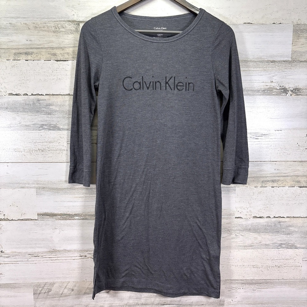Calvin Klein Gray Logo 3/4 Sleeve Lightweight Knee Length Stretchy NightShirt S